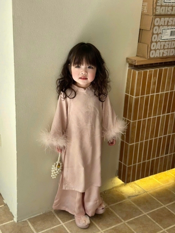 SETKID058-SET ÁO DÀI BÉ GÁI LỤA HỒNG VIỀN LÔNG FORM 9-27kg