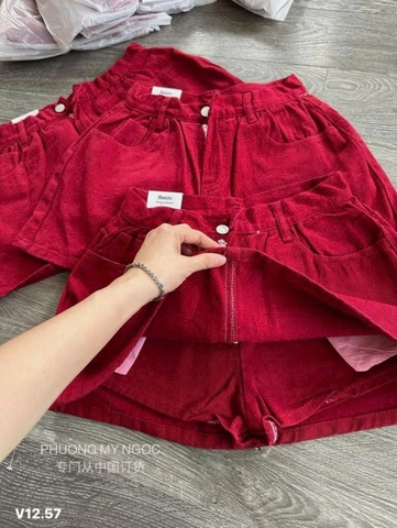 quan90097- Chân váy jeans màu đỏ có lót quần cạo bán chun