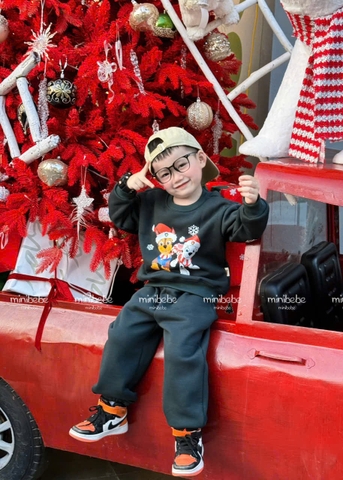 bt777- Bộ Noel xanh rêu chất nỉ bông ấm in chuẩn