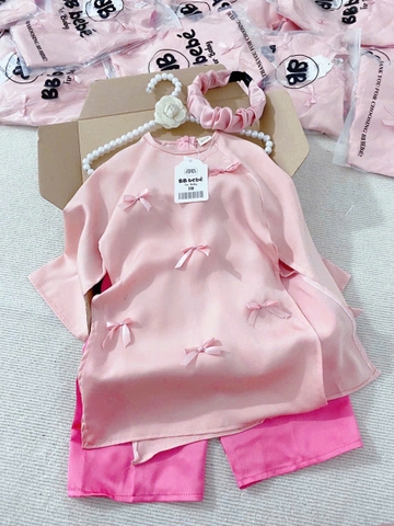 SETKID011-Se áo dài hòng đính nơ bé gái tặng kèm xược