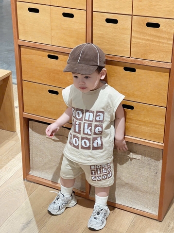 cb307-Combo 2 bộ cotton BONNA TIKE in chư balo be -xanh