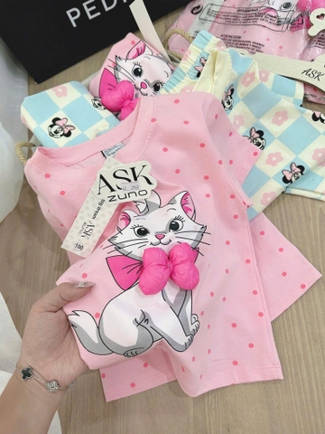 CB204-COmbo 2 bộ thun cộc tay bé gái xanh hồng hoạ tiết mèo mickey