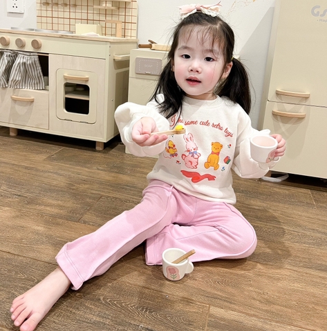 BN060-Bộ nỉ quần loe hồng SOME CUTE trẻ em VNXK