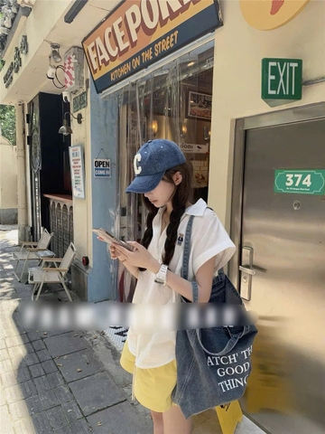 A255-Áo  sơmi nữ tay hến thêu gấu 2 màu xanh trắng