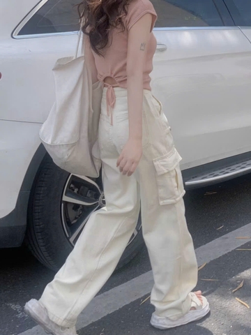 Quan063- QUẦN jean suông túi hộp 2 màu xanh trắng