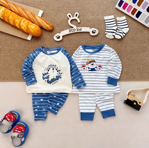 BT1081- Set 2 bộ thun díp dài tay xanh trắng kẻ Cute bé trai