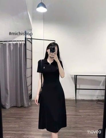 DAM114- đầm polo dáng xoè thêu ngựa màu than dài 115cm