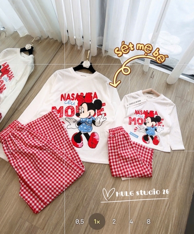 SET1039- Bộ mặc nhà mẹ con áo thun dài tay mickey và quần suông kẻ