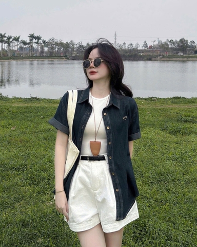 Set613- Set áo cộc tay denim cộc tay phối  quần short trắng