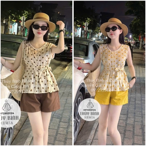 🌿Set698- SET ÁO CHẤM BI PHỐI REN KÈM ĐAI dáng cộc