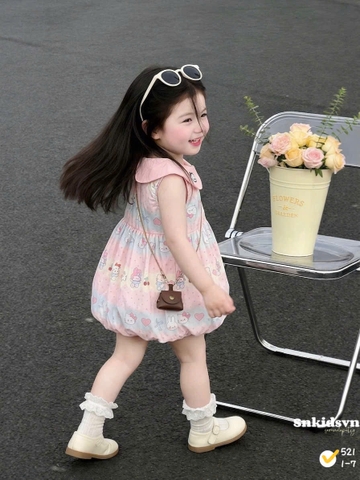 Damgai05-Đầm bé gái hồng in KITTy thêu cổ sen bé gái