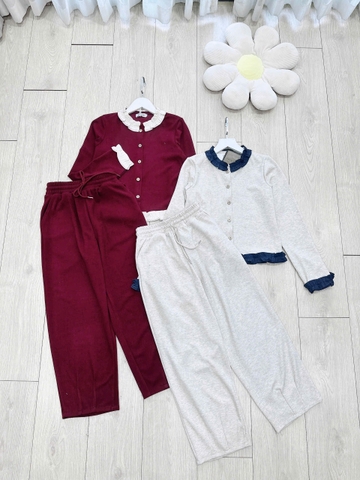 SET440-Set đồ mặc nhà nữ len thỏ viền bèo 2 màu nâu đỏ