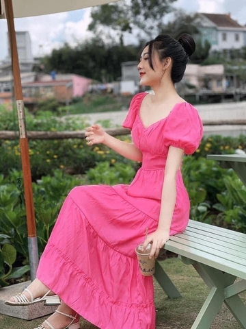 Đầm maxi hồng cánh tiên dáng dài 120cm hở lưng