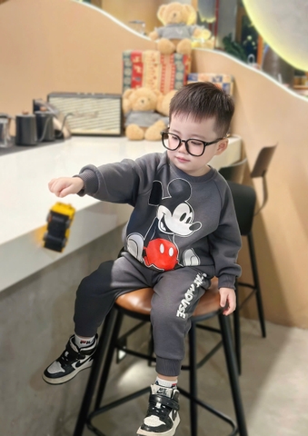BN144-(8-27kg) Bộ thu đông bé trai dài tay nỉ da cá Mickey xám VNXK