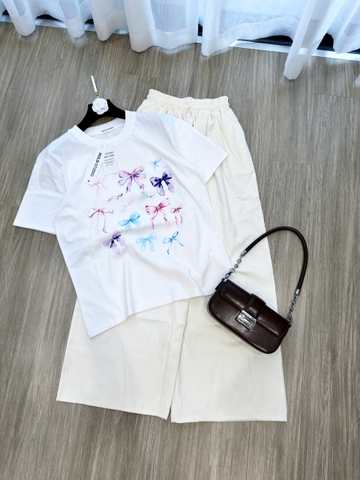 SET914-Set áo thun trắng in nơ phối quần ống rộng dài