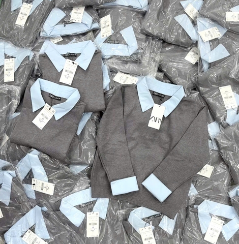 A340-Aó len xám phối cổ sơ mi hàng Quảng Châu