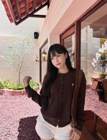 A442- Áo len cadigan màu nâu thêu gấu