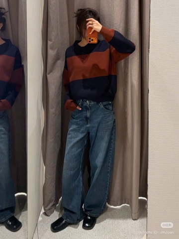 469-áo len cổ polo kẻ ngang cam đỏ phối than full tem