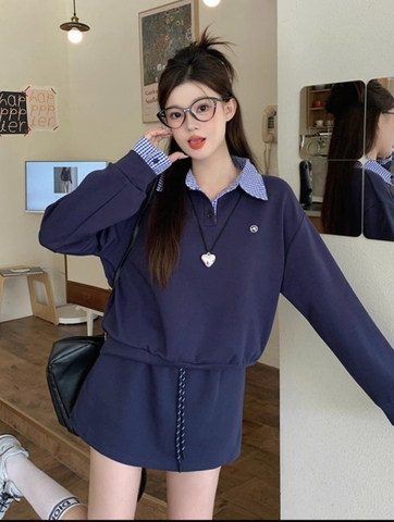 Set760- Set mì màu than áo cổ sơ mi mix CV chữ A xoè