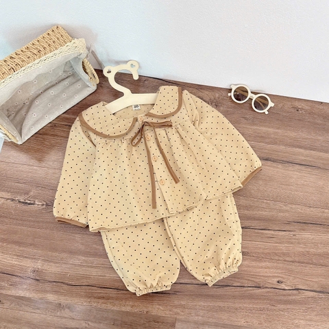 CB390- Combo  2 pijama xô đũi chấm bi vàng be bé gái