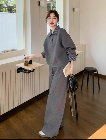 SET736-Bộ nỉ dài tay phối quần suông màu xám chất nỉ dày dặn