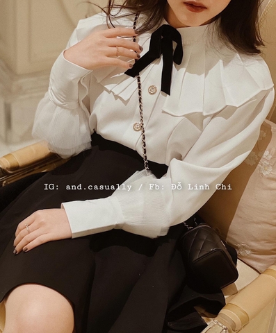 Áo sơ mi  trắng xếp ly cổ đính nơ