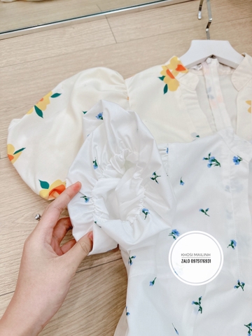 Đầm hoa cổ V xoè bèo 2 lớp