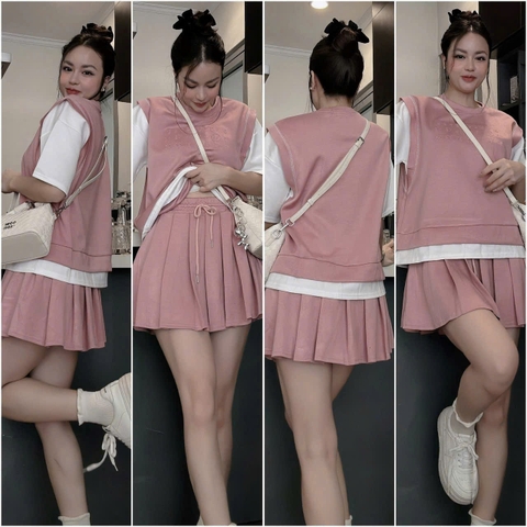 Set726- Set áo nỉ cộc hồng dập nổi phối chân váy xếp ly ngắn