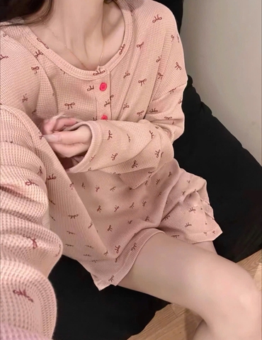 Set1042- Bộ pijama mặc nhà nơ hồng vải tăm mềm