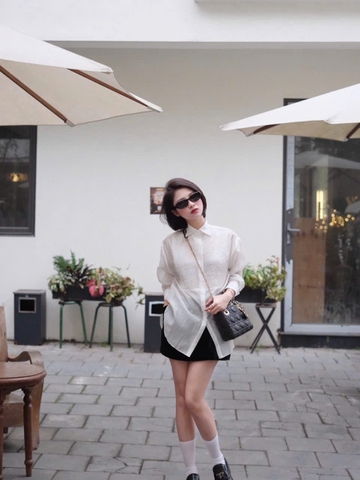 A124-Áo sơ mi tơ xếp ly ngực 2 màu hồng trắng