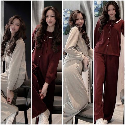 Set834- Set pijama mặc nhà vải díp lông phối cổ ren 2 màu nâu đỏ