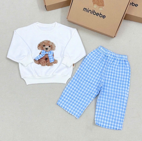 BN159-Bộ nỉ GẤU KẺ XANH bé gái VNXK