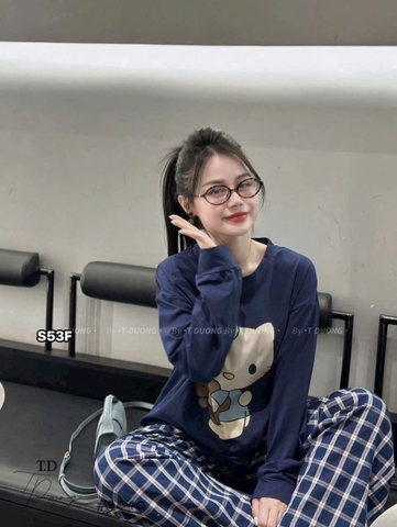 SET409-Set KITTY  cotton xanh mix quần suông kẻ caro