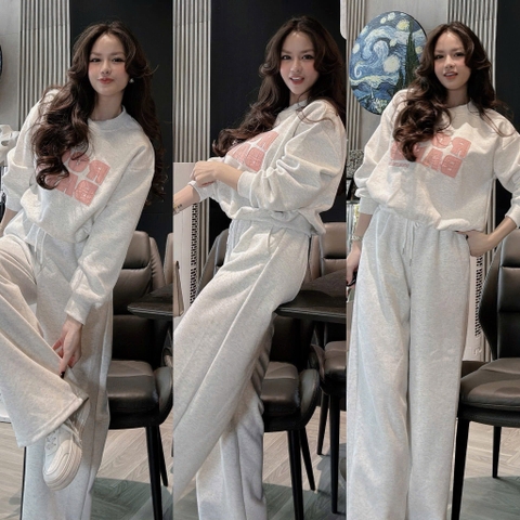 Set833- Set nỉ xám chữ hồng dáng quần bom