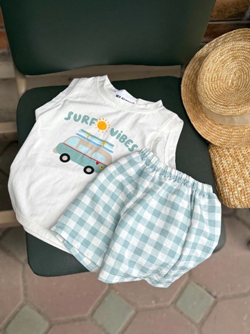 Bt556- Bộ oto quần kẻ xanh cotton bé trai chất mát