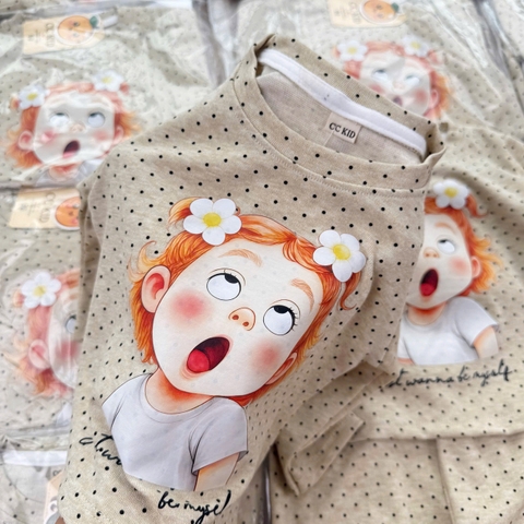 Bt1047- Bộ thun díp thu đông bé gái chấm bi 2 màu nâu be 8-33kg