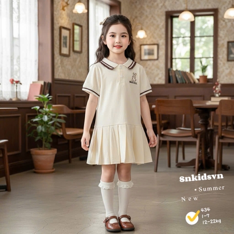 Bt831- Đầm polo xếp ly chân bé trai thêu thỏ