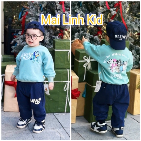 BN228-Bộ nỉ bông BLUEY xanh bạc hà bé trai VNXK