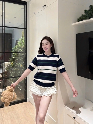 A674-Áo len cộc tay kẻ ngang xanh trắng hàng nhà máy đủ tem