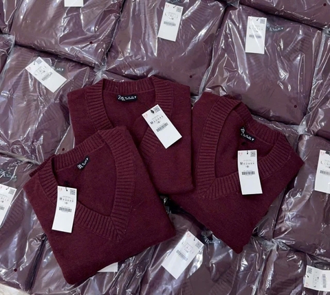 A441- Áo len đỏ cổ V trơn nhà máy full tem