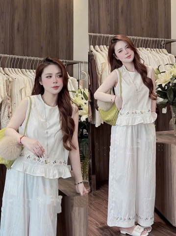 SET963-  SET ĐŨI TRẮNG THÊU GẤU PHỐI BÈO QUẦN SUÔNG