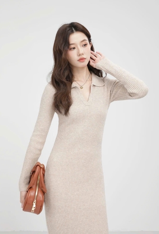 Dam186- đầm len tăm cổ đức 2 màu đen- be dáng dài 110cm