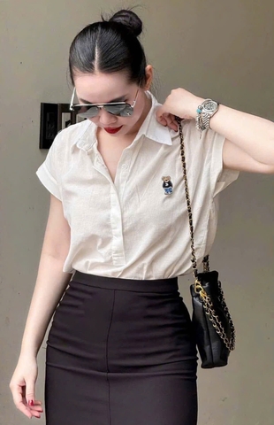 😚☘️☘️☘️SET513- SET SƠ MI TAY vạt thêu gấu mix CV bút chì