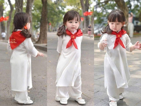 BT555- Bộ áo dài trắng bé gái tặng kèm tag cài + khăn thêu đỏ