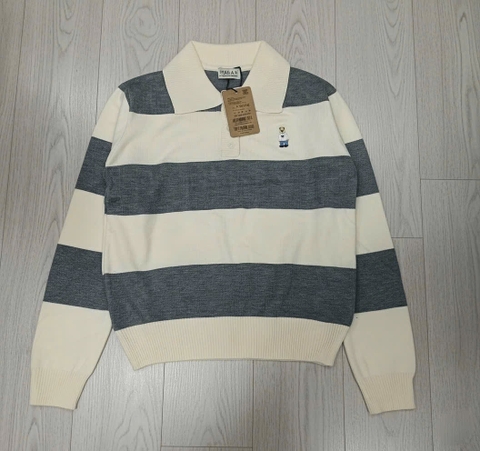 A472- Áo len kẻ ngang to phối cổ bẻ thêu tag 2 màu