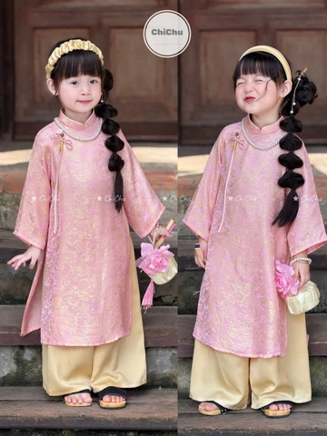 bt829- Bộ áo dài bé gái màu hồng quần vàng lụa vân chìm