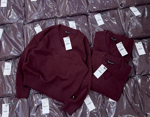 A441- Áo len đỏ cổ V trơn nhà máy full tem