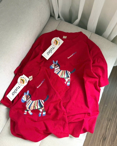 A557-Áo thun gia đình màu đỏ cộc tay Tết con ngựa