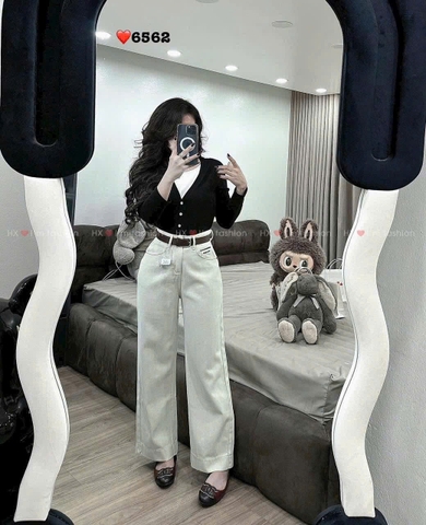 QUAN023-QUẦN JEANS suông màu be thêu chữ túi sau dáng dài 95cm