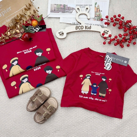 A559-Áo thun gia đình màu đỏ đô cộc tay Tết sum vầy